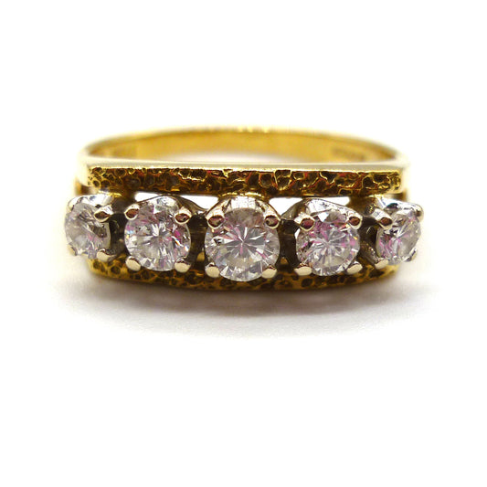 18ct 5 Diamond Split Shank Ring, Textured Gold Band Size 7