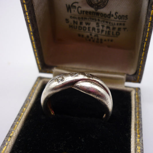 Chunky Silver Cross Over Ring with 3 Square White Stones