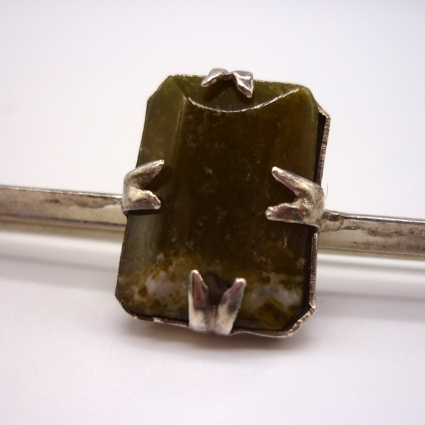 Antique Silver Bar Brooch set with Square Green Agate