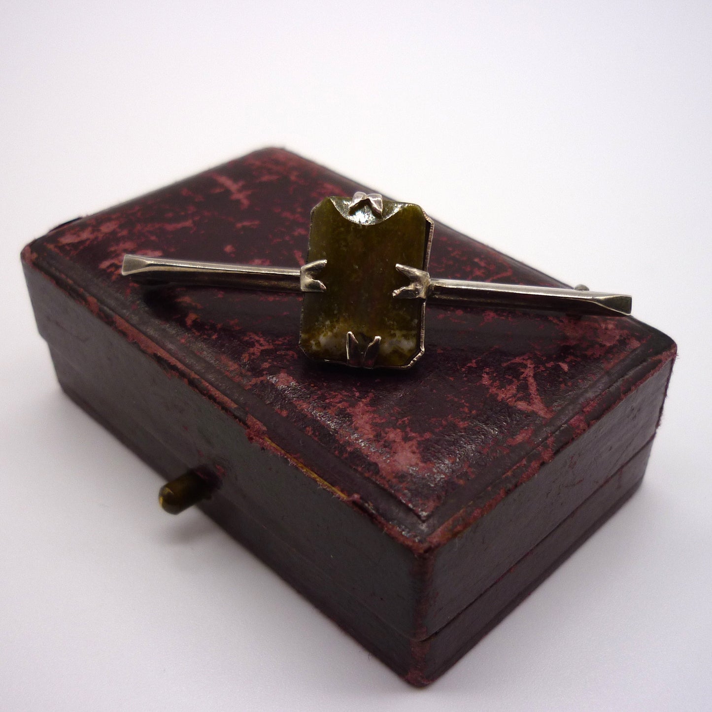 Antique Silver Bar Brooch set with Square Green Agate