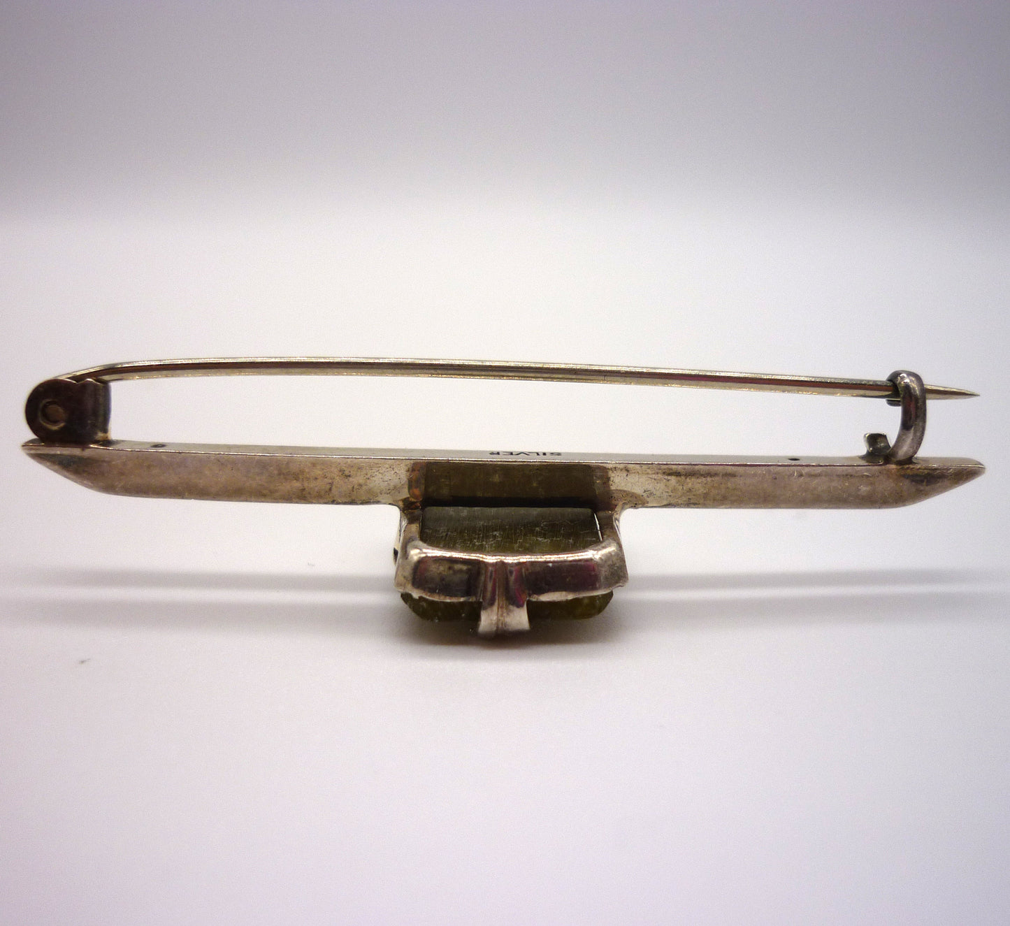 Antique Silver Bar Brooch set with Square Green Agate