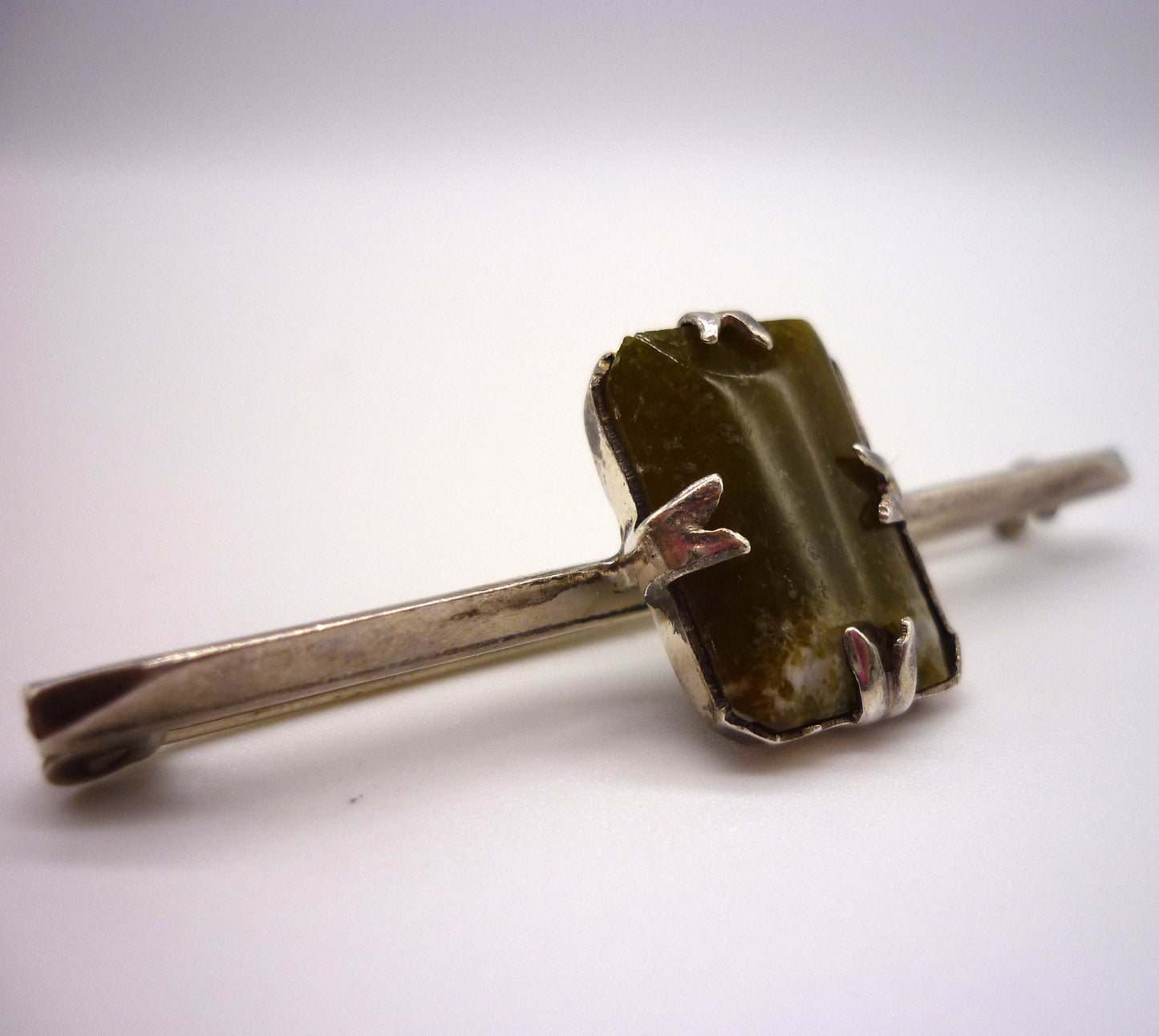 Antique Silver Bar Brooch set with Square Green Agate