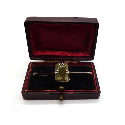 Antique Silver Bar Brooch set with Square Green Agate