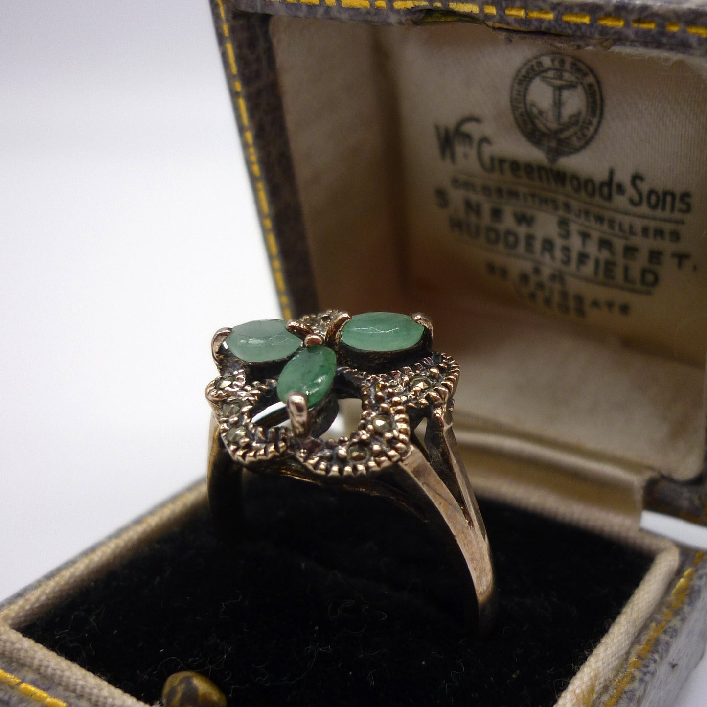 Green Stone & Marcasite Silver Ring