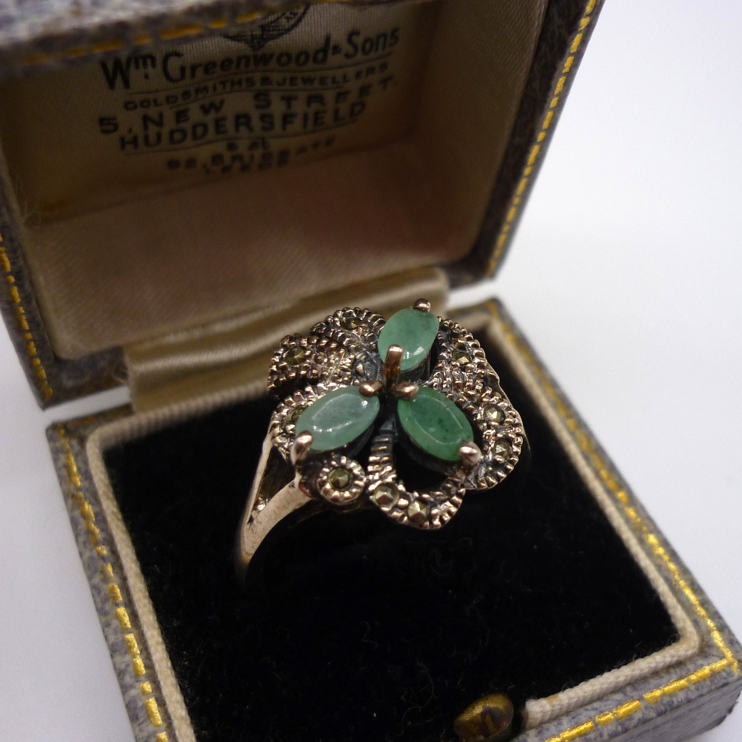 Green Stone & Marcasite Silver Ring