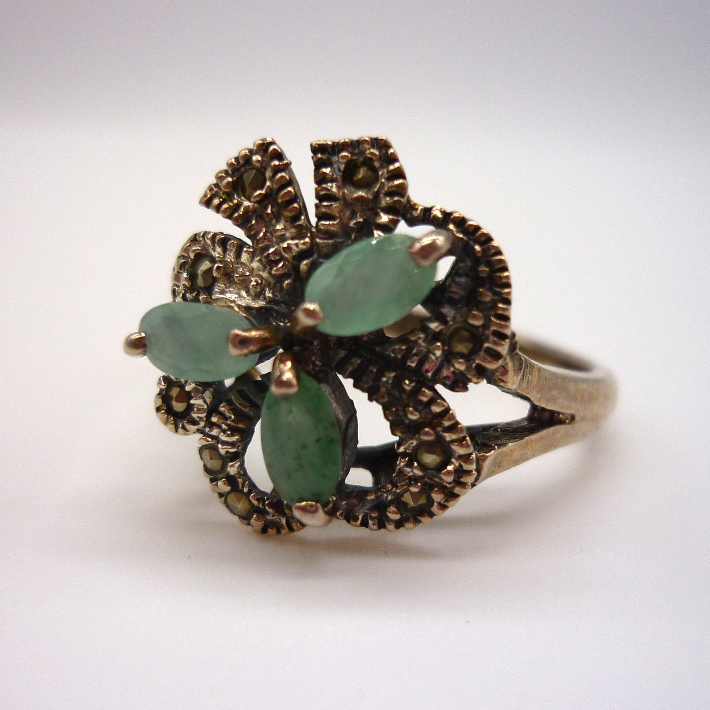 Green Stone & Marcasite Silver Ring