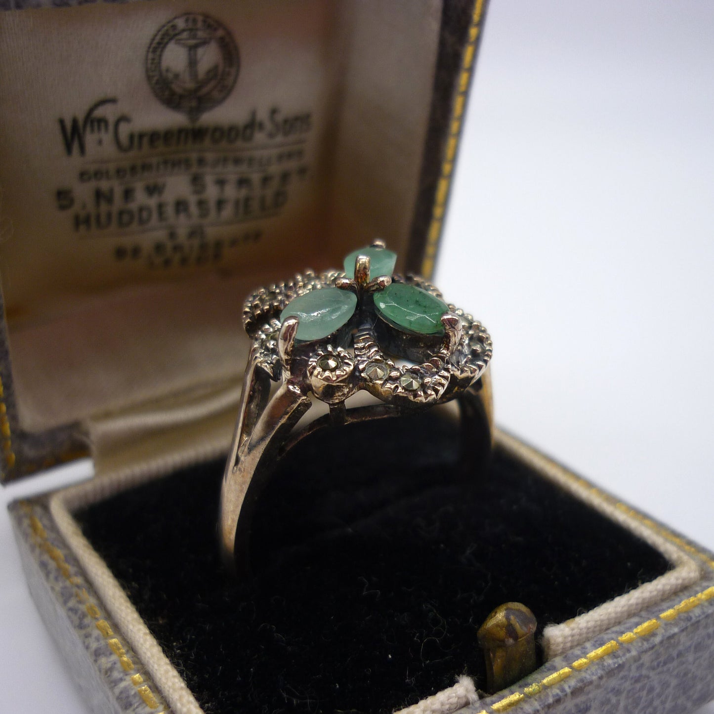 Green Stone & Marcasite Silver Ring