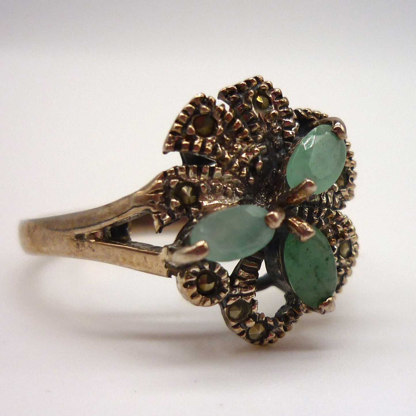 Green Stone & Marcasite Silver Ring
