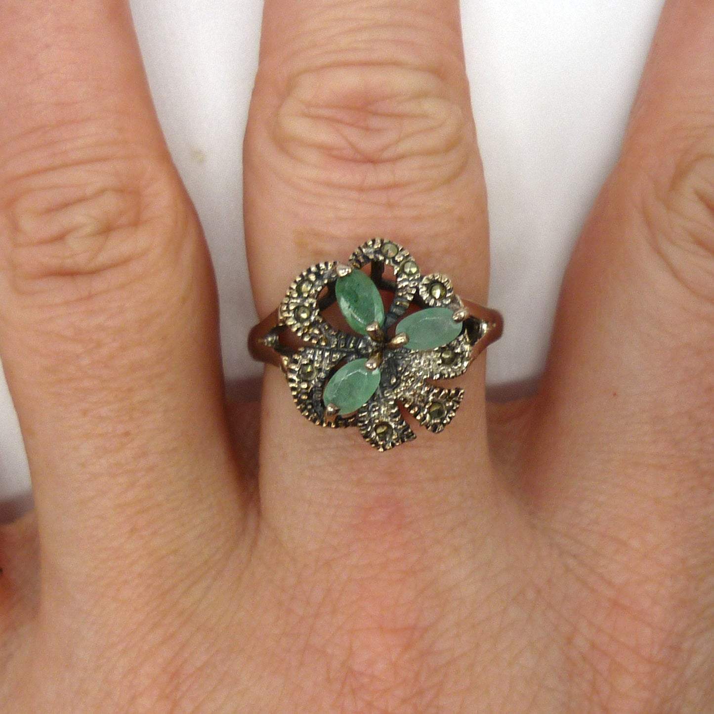Green Stone & Marcasite Silver Ring