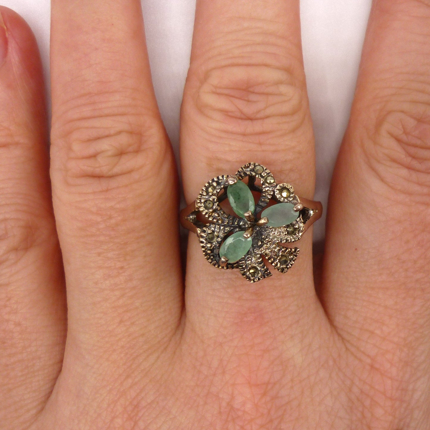 Green Stone & Marcasite Silver Ring