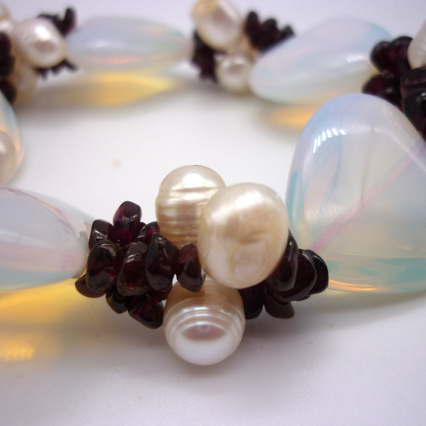 Chunky Opalite Heart, Baroque Pearl and Garnet Bracelet
