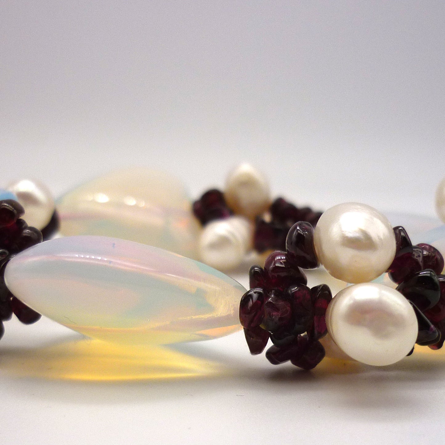 Chunky Opalite Heart, Baroque Pearl and Garnet Bracelet