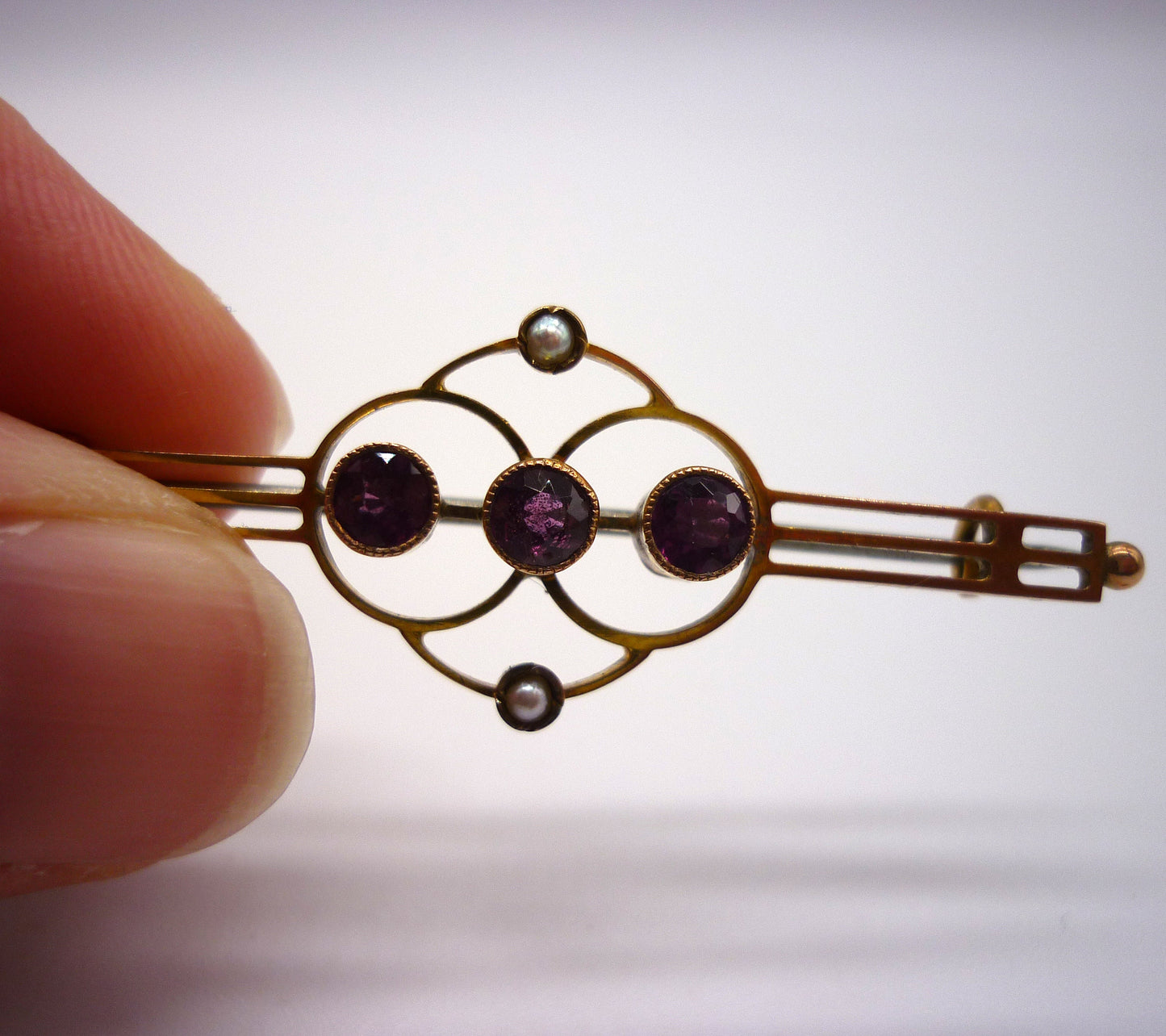Victorian Amethyst and Seed Pearl Gold Bar Brooch in Antique Jewellery Box