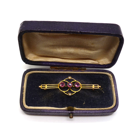 Victorian Amethyst and Seed Pearl Gold Bar Brooch in Antique Jewellery Box