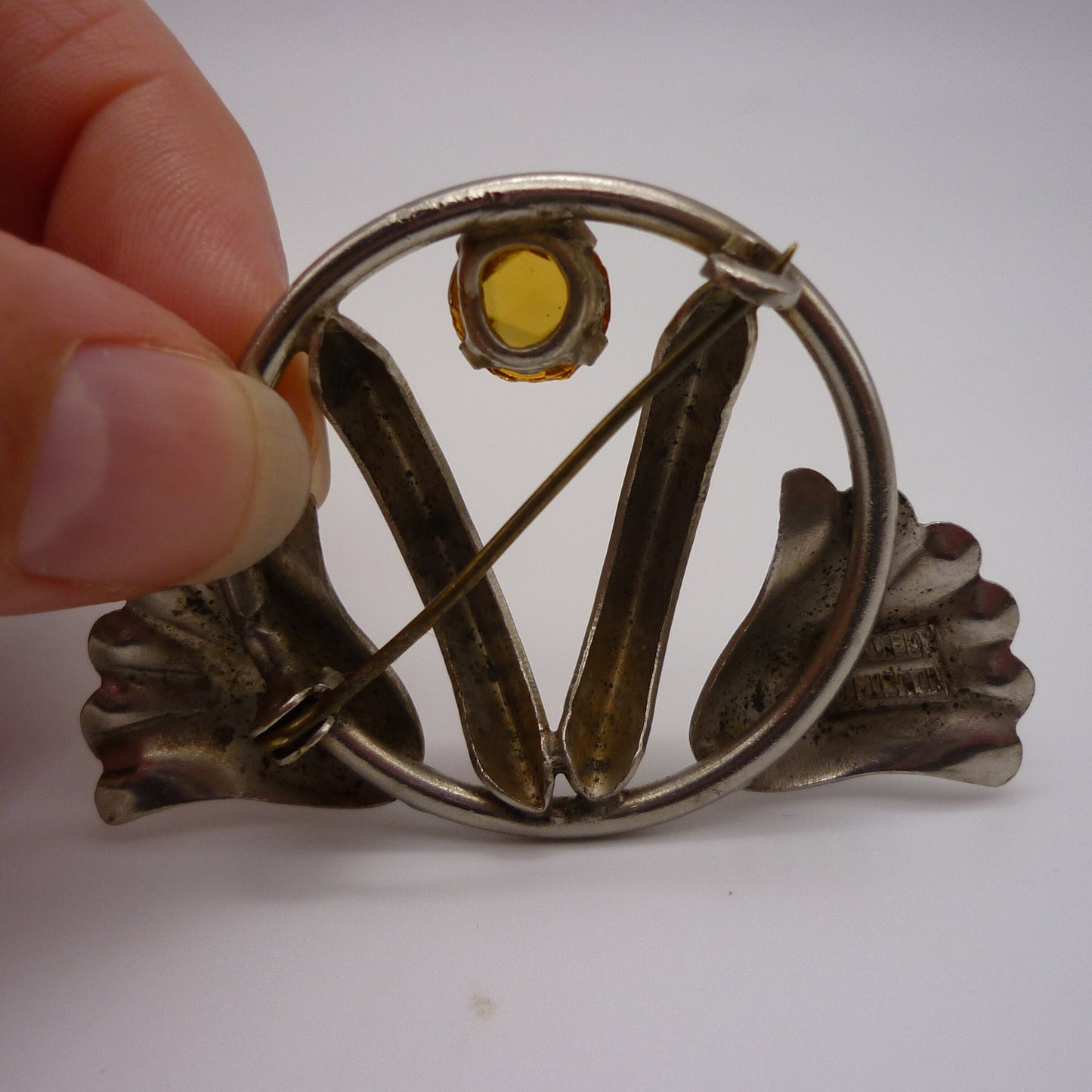 Vintage Silver Tone Industria Argentina Brooch, Citrine Rhinestone Floral Pin