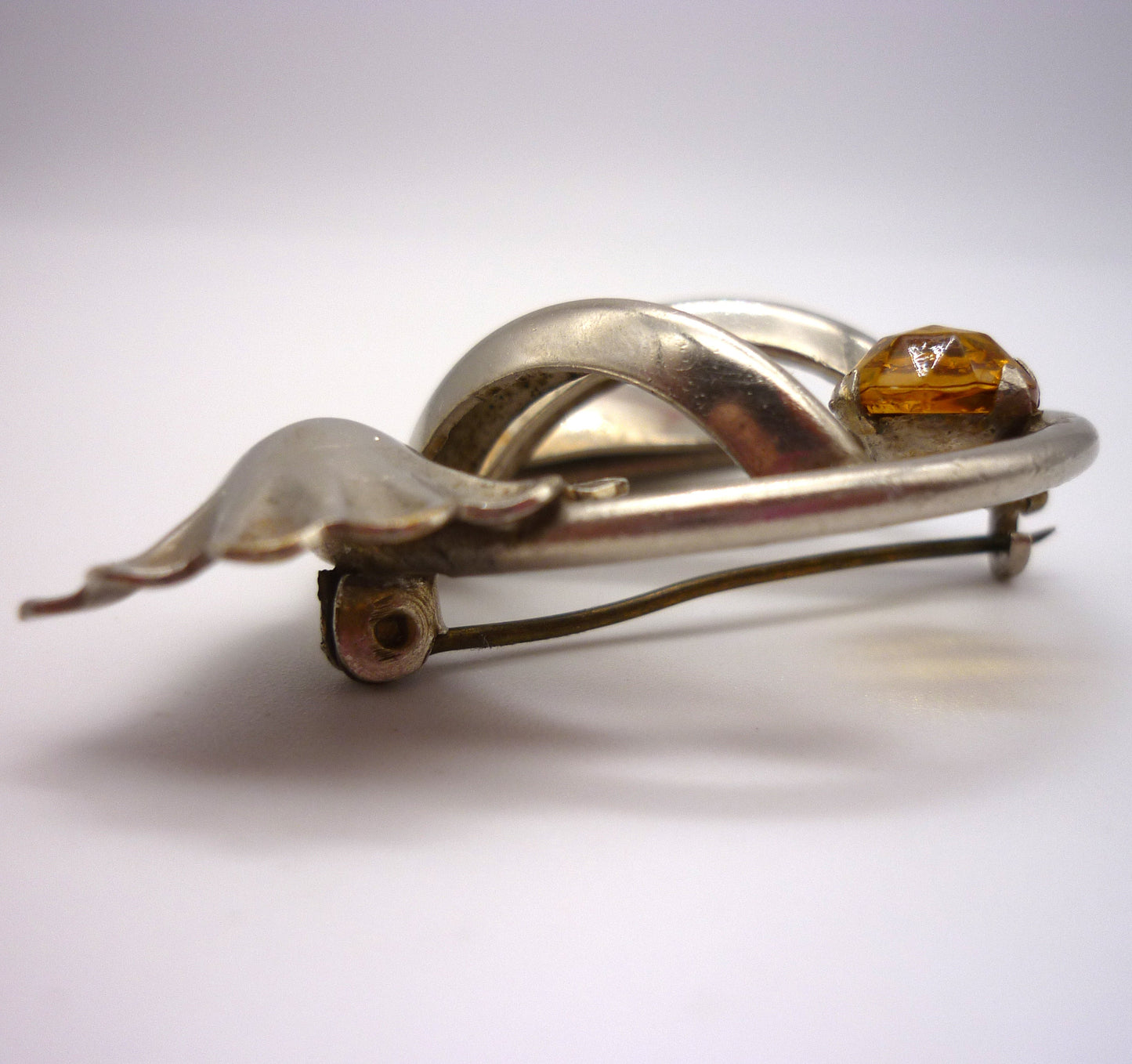 Vintage Silver Tone Industria Argentina Brooch, Citrine Rhinestone Floral Pin