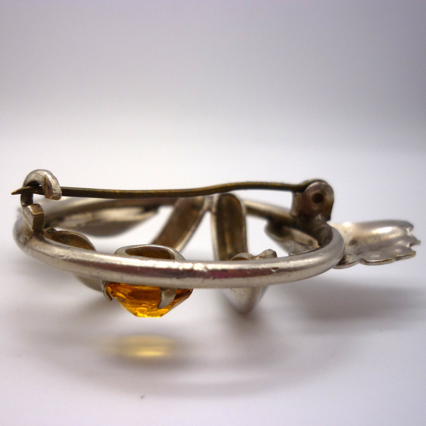 Vintage Silver Tone Industria Argentina Brooch, Citrine Rhinestone Floral Pin