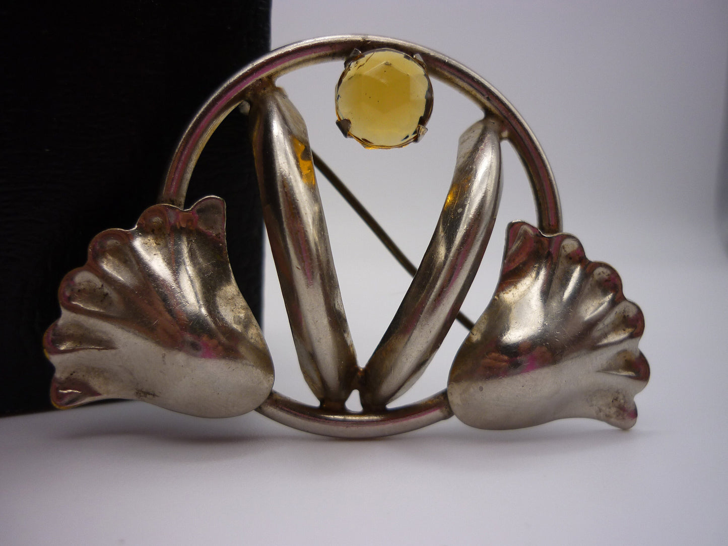 Vintage Silver Tone Industria Argentina Brooch, Citrine Rhinestone Floral Pin