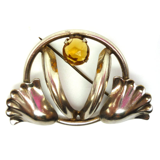 Vintage Silver Tone Industria Argentina Brooch, Citrine Rhinestone Floral Pin
