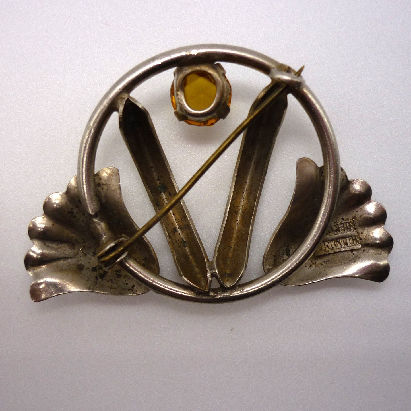 Vintage Silver Tone Industria Argentina Brooch, Citrine Rhinestone Floral Pin