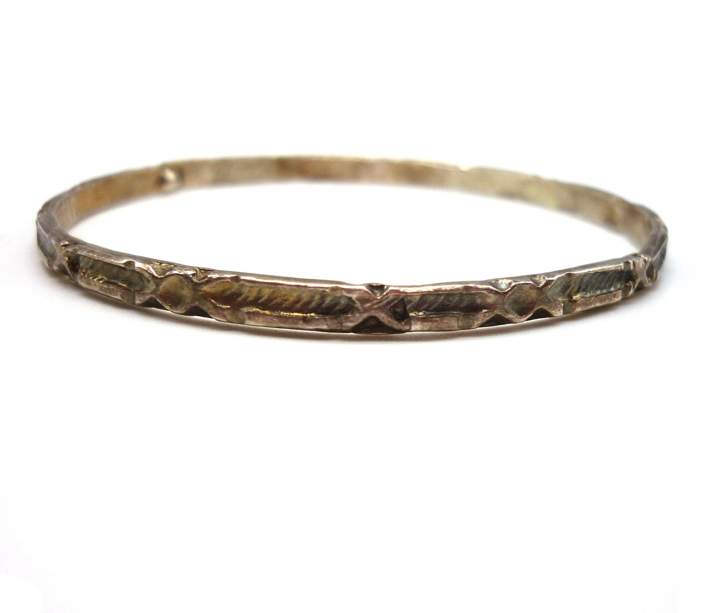 Antique Silver Bangle with Geometric Pattern, Thin Stacking Bracelet