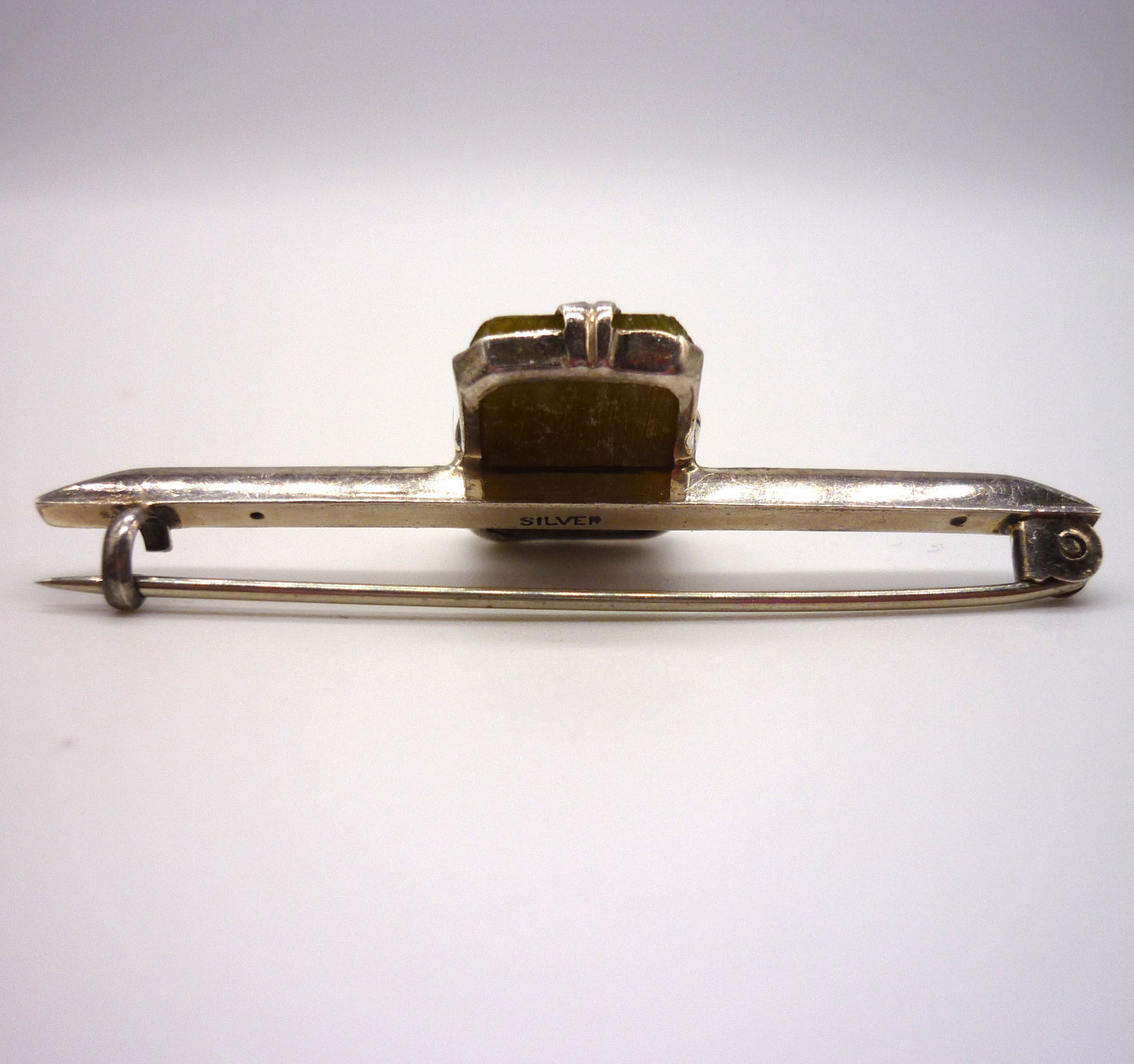 Antique Silver Bar Brooch set with Square Green Agate