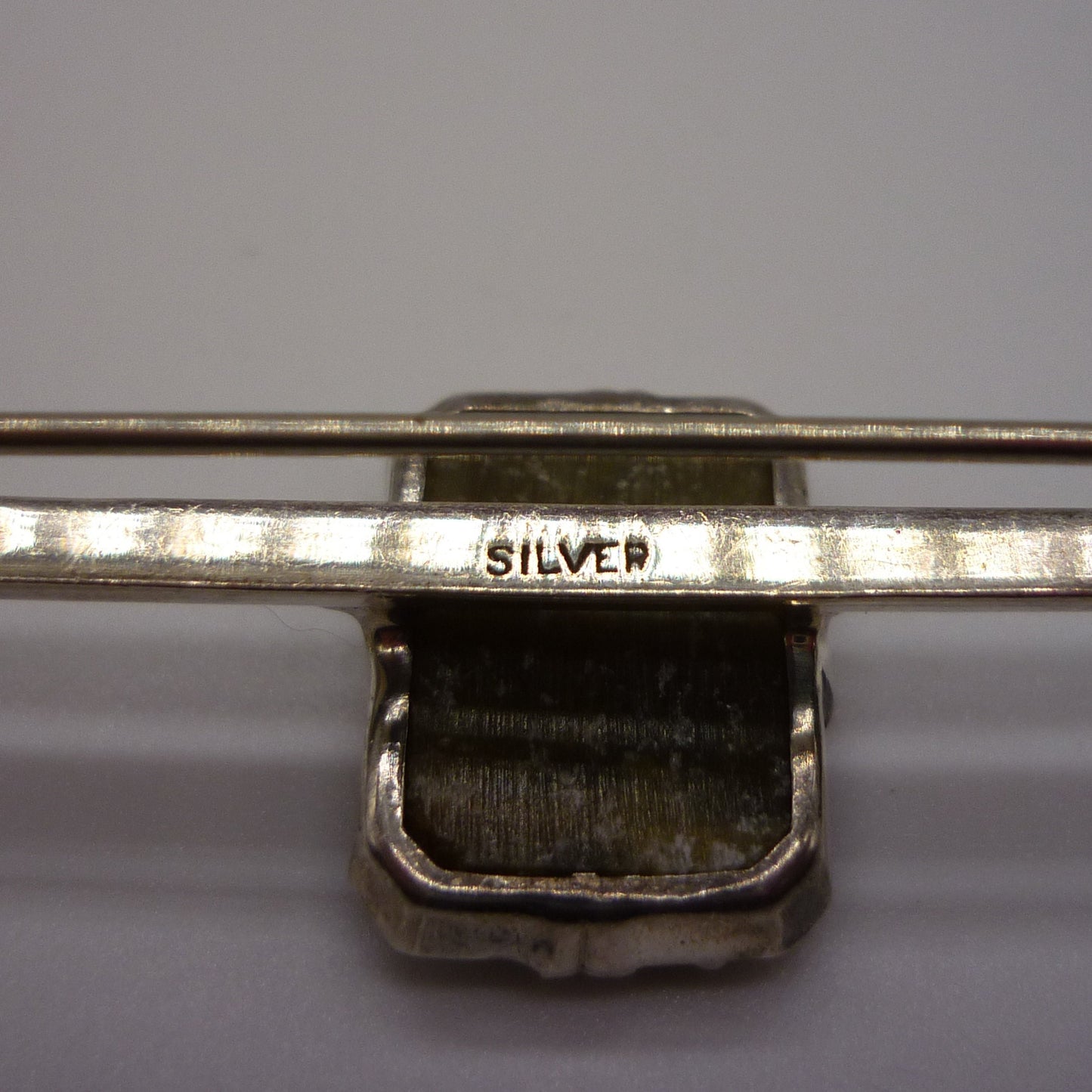 Antique Silver Bar Brooch set with Square Green Agate
