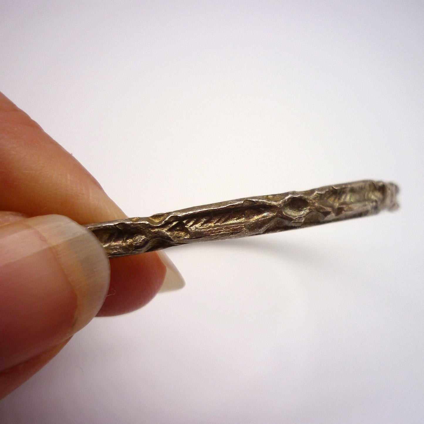 Antique Silver Bangle with Geometric Pattern, Thin Stacking Bracelet