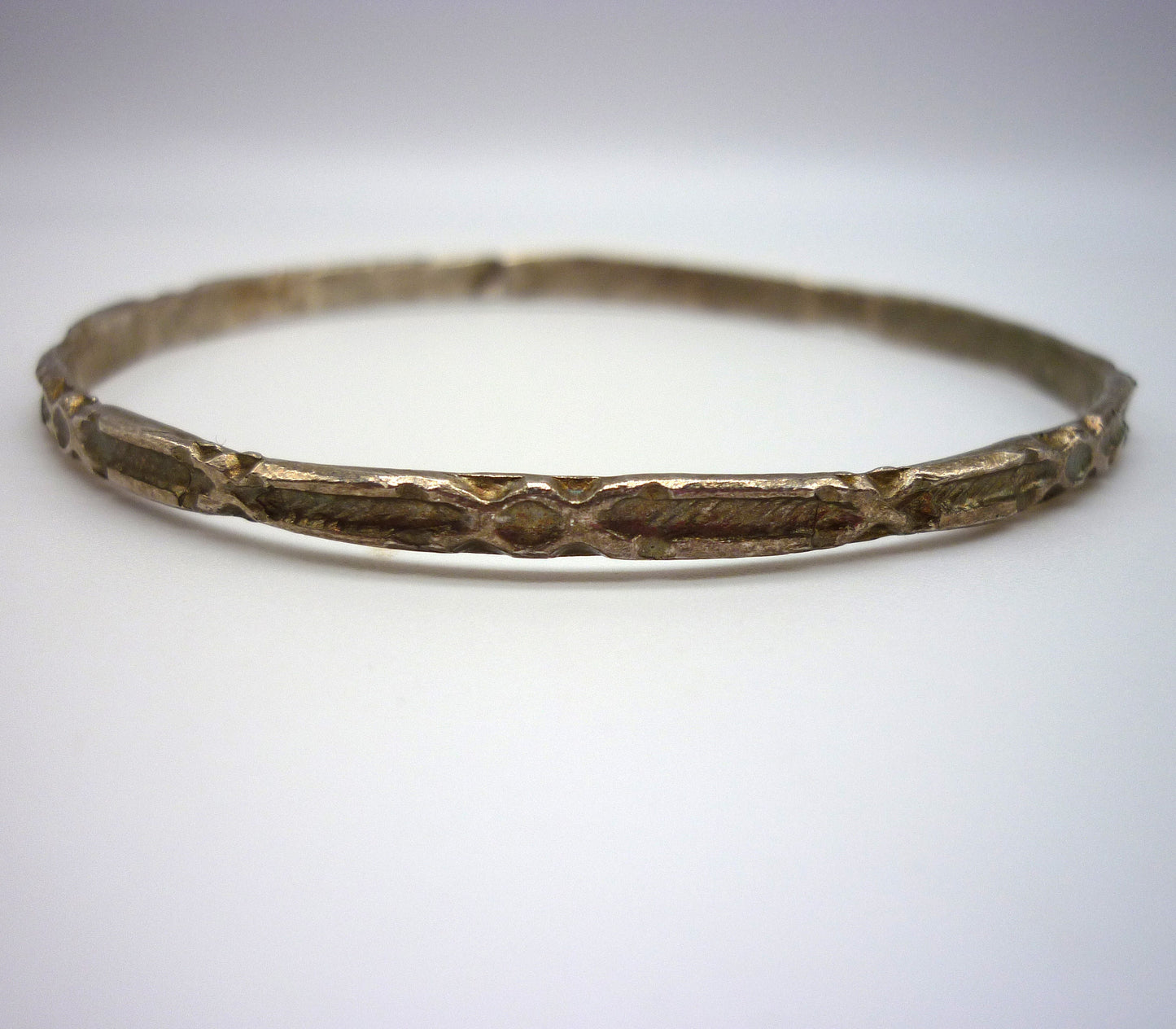 Antique Silver Bangle with Geometric Pattern, Thin Stacking Bracelet