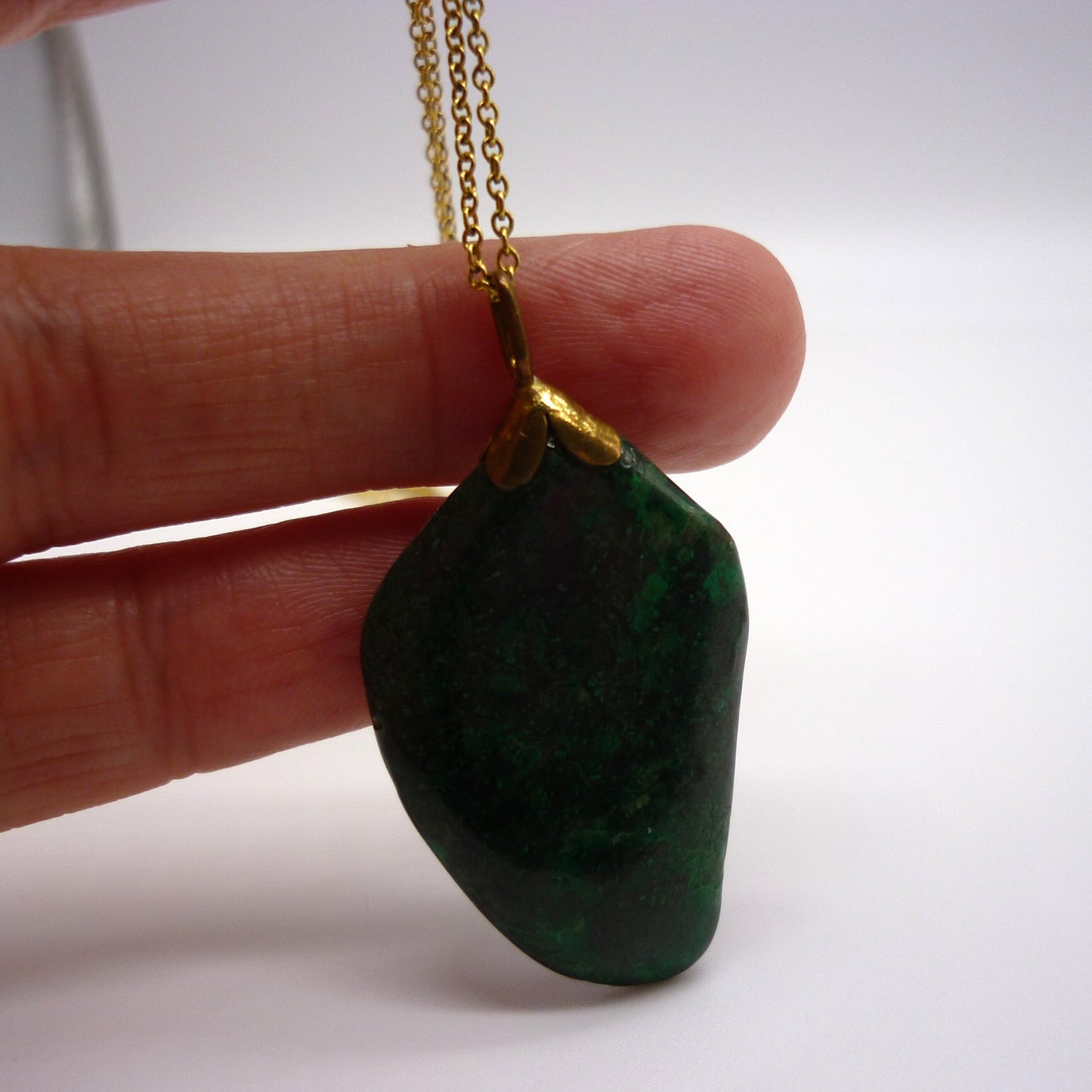 Dark Green Amazonite Pendant on Rolled Gold Chain