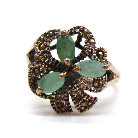 Green Stone & Marcasite Silver Ring