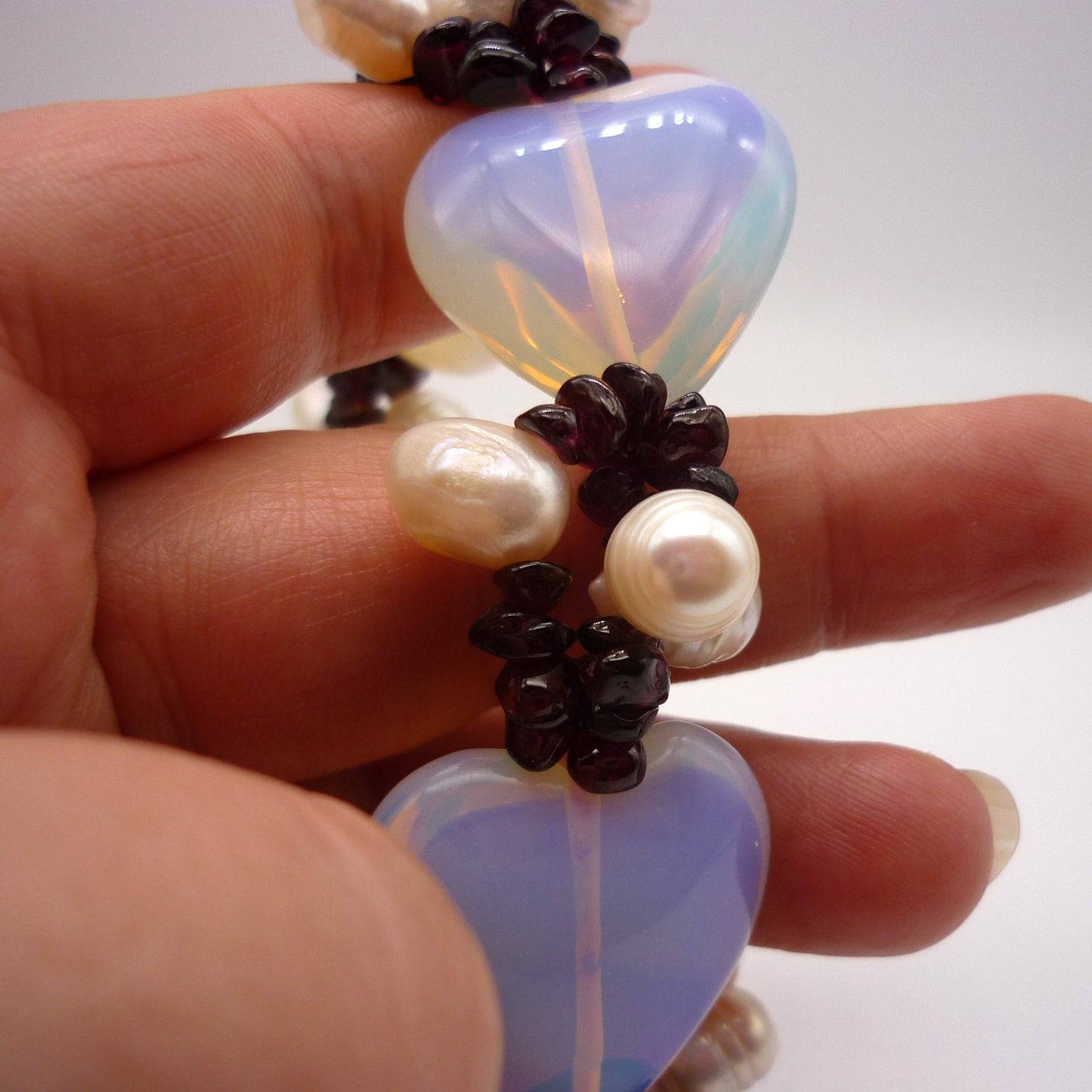 Chunky Opalite Heart, Baroque Pearl and Garnet Bracelet