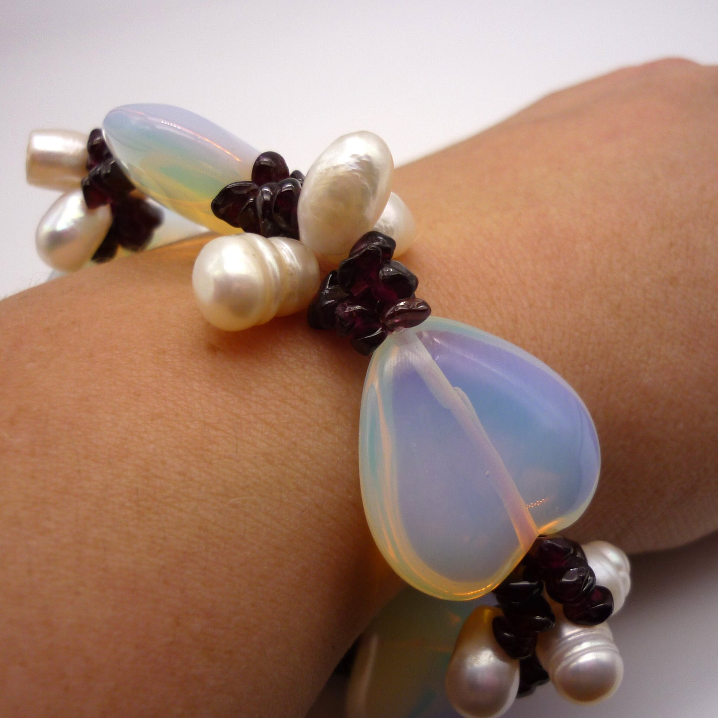 Chunky Opalite Heart, Baroque Pearl and Garnet Bracelet