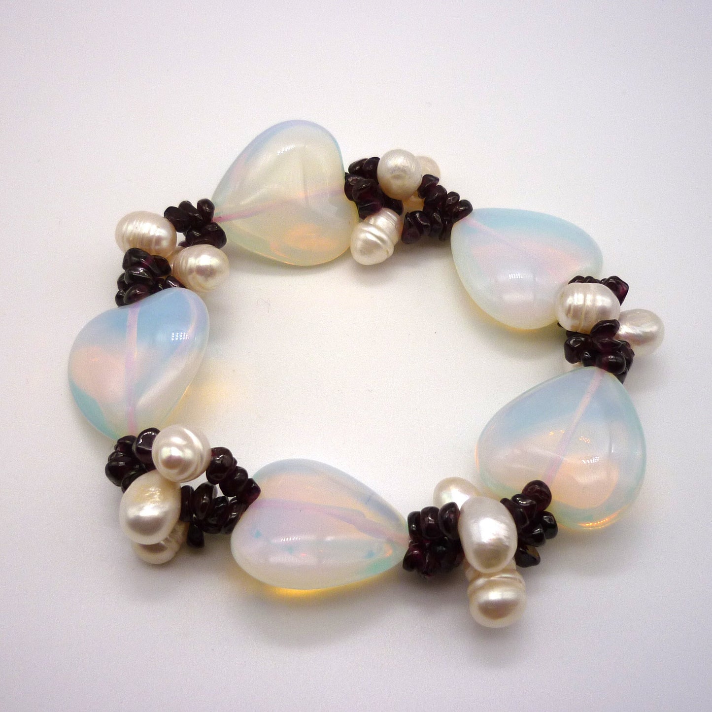Chunky Opalite Heart, Baroque Pearl and Garnet Bracelet