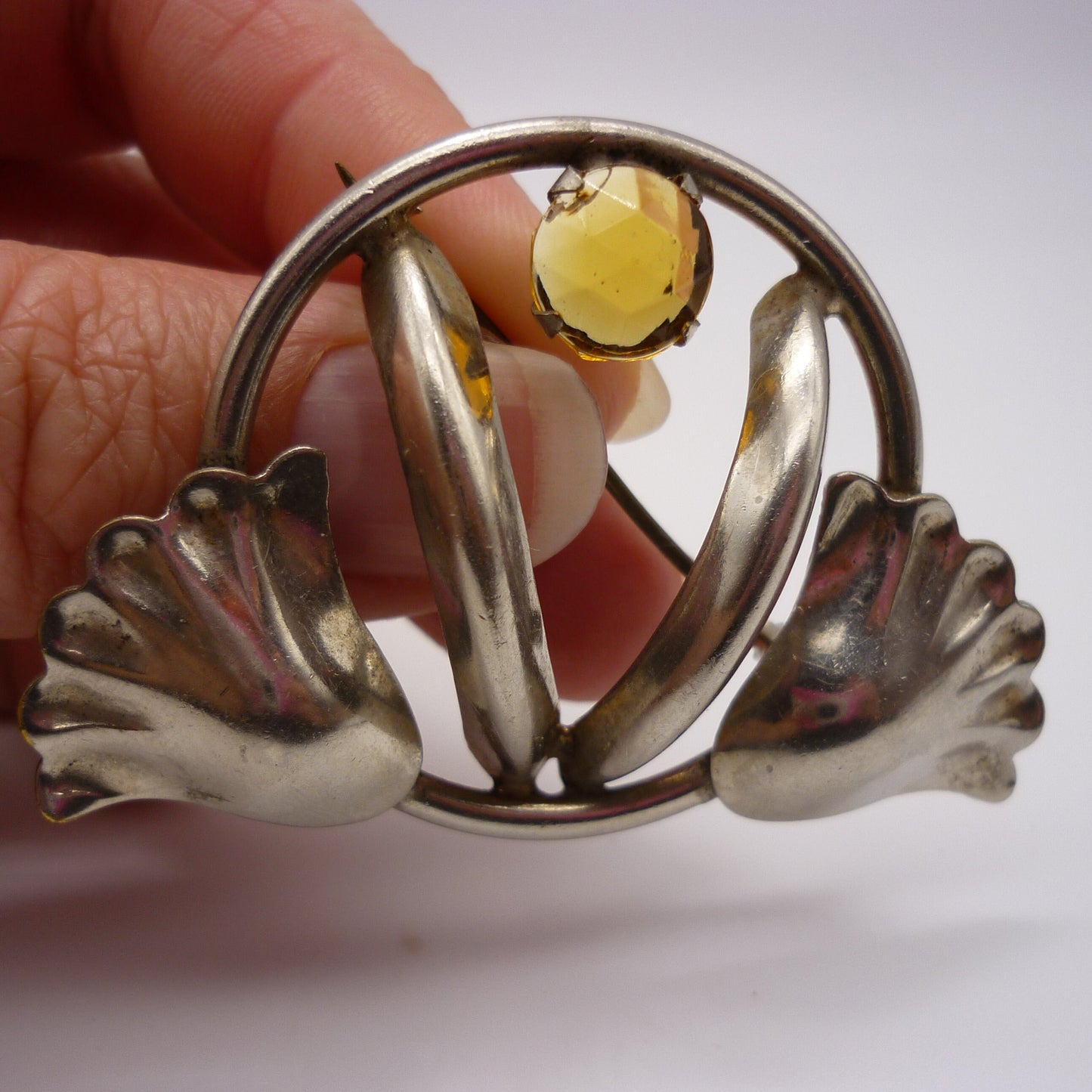 Vintage Silver Tone Industria Argentina Brooch, Citrine Rhinestone Floral Pin