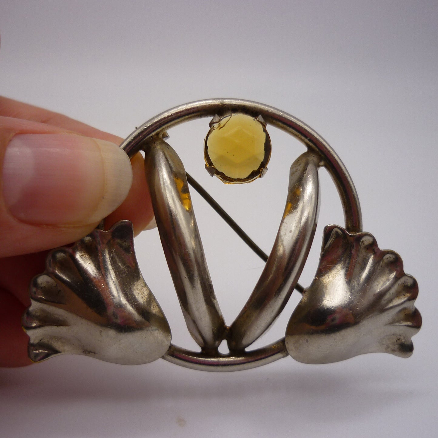 Vintage Silver Tone Industria Argentina Brooch, Citrine Rhinestone Floral Pin