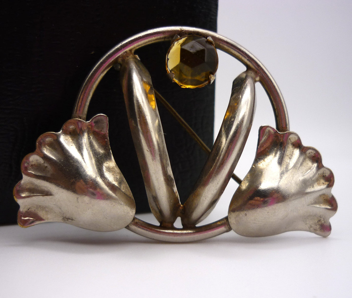 Vintage Silver Tone Industria Argentina Brooch, Citrine Rhinestone Floral Pin