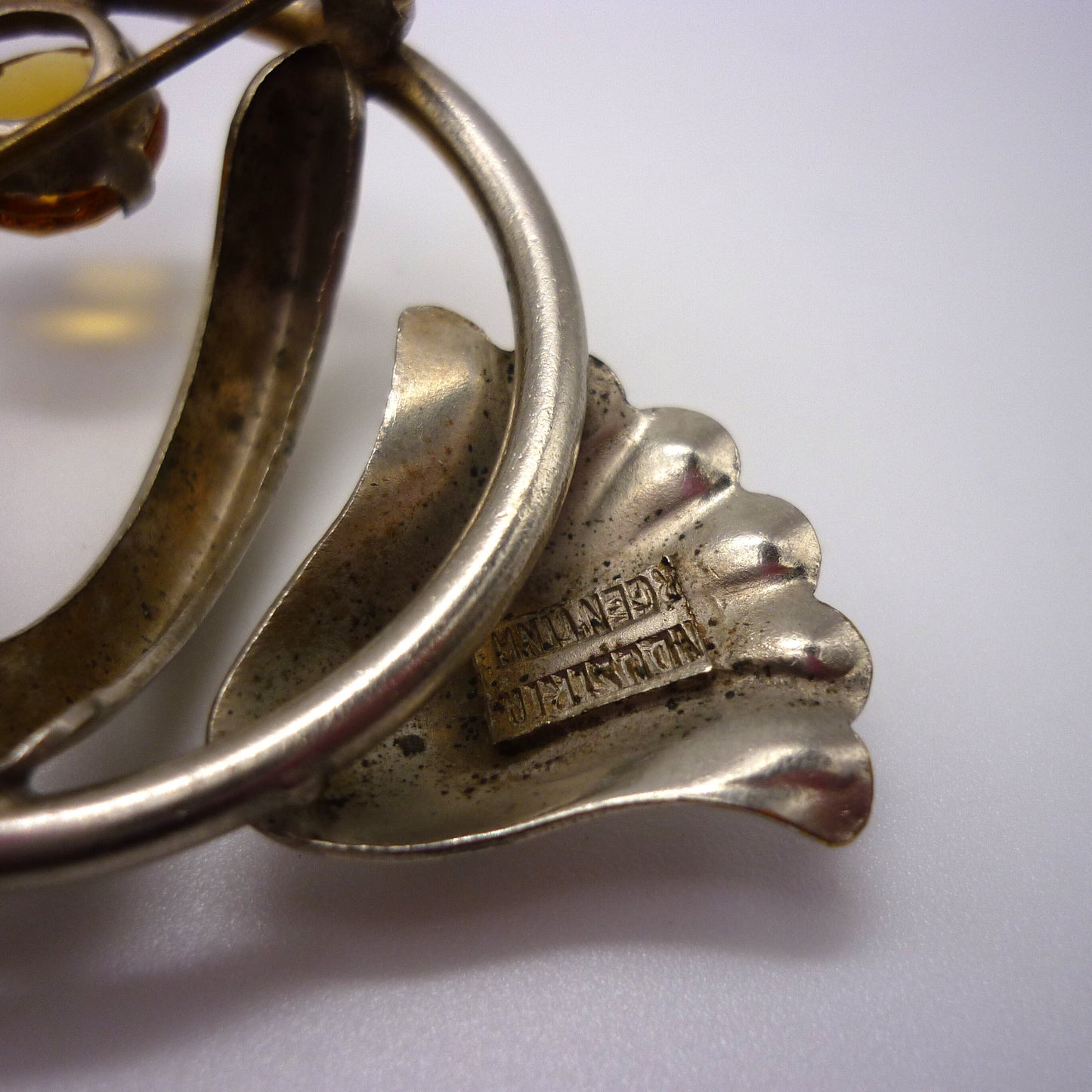 Vintage Silver Tone Industria Argentina Brooch, Citrine Rhinestone Floral Pin