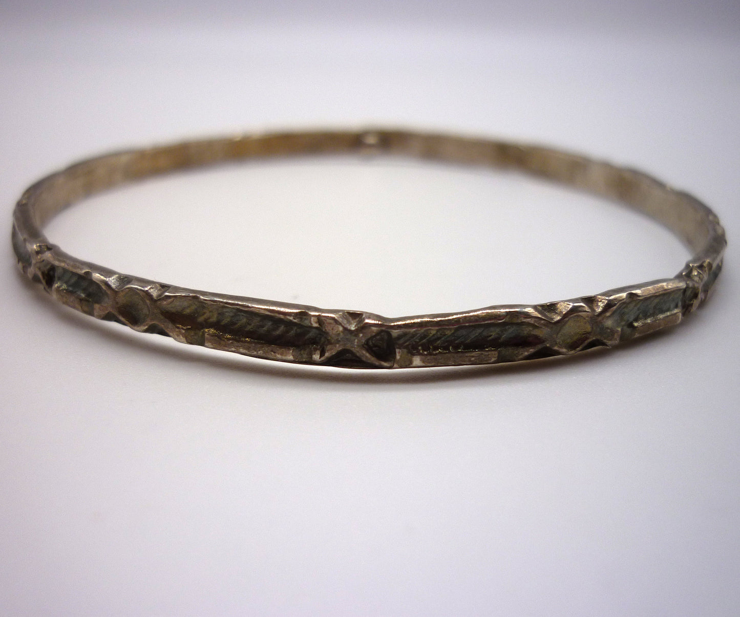 Antique Silver Bangle with Geometric Pattern, Thin Stacking Bracelet