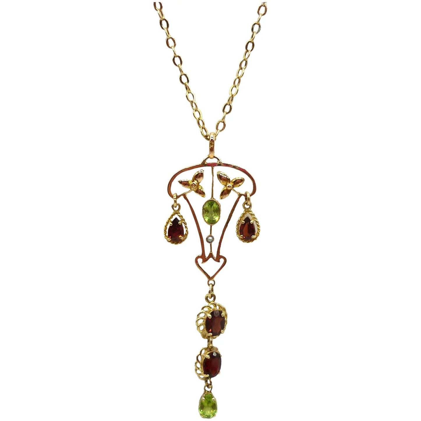 Antique Lavalier Pendant set with Garnets & Peridots on a Long Gold Belcher Chain