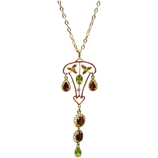 Antique Lavalier Pendant set with Garnets & Peridots on a Long Gold Belcher Chain