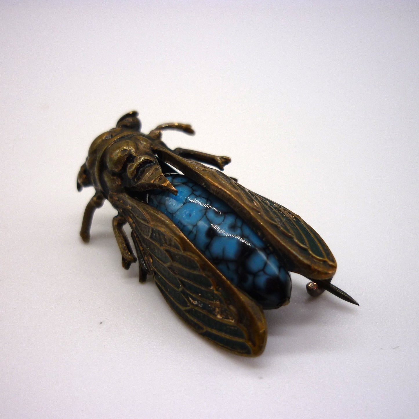 Antique Cicada Brooch, Turquoise Insect Pin