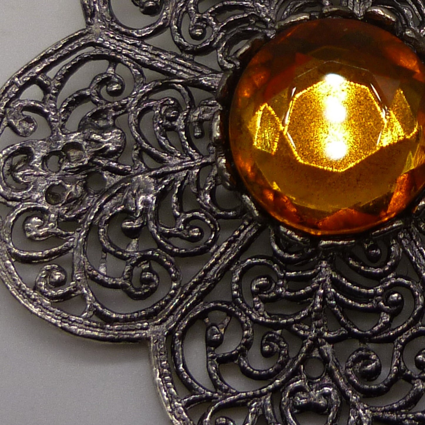 Vintage Filigree Silver Tone Flower Brooch Set With Paste Citrine