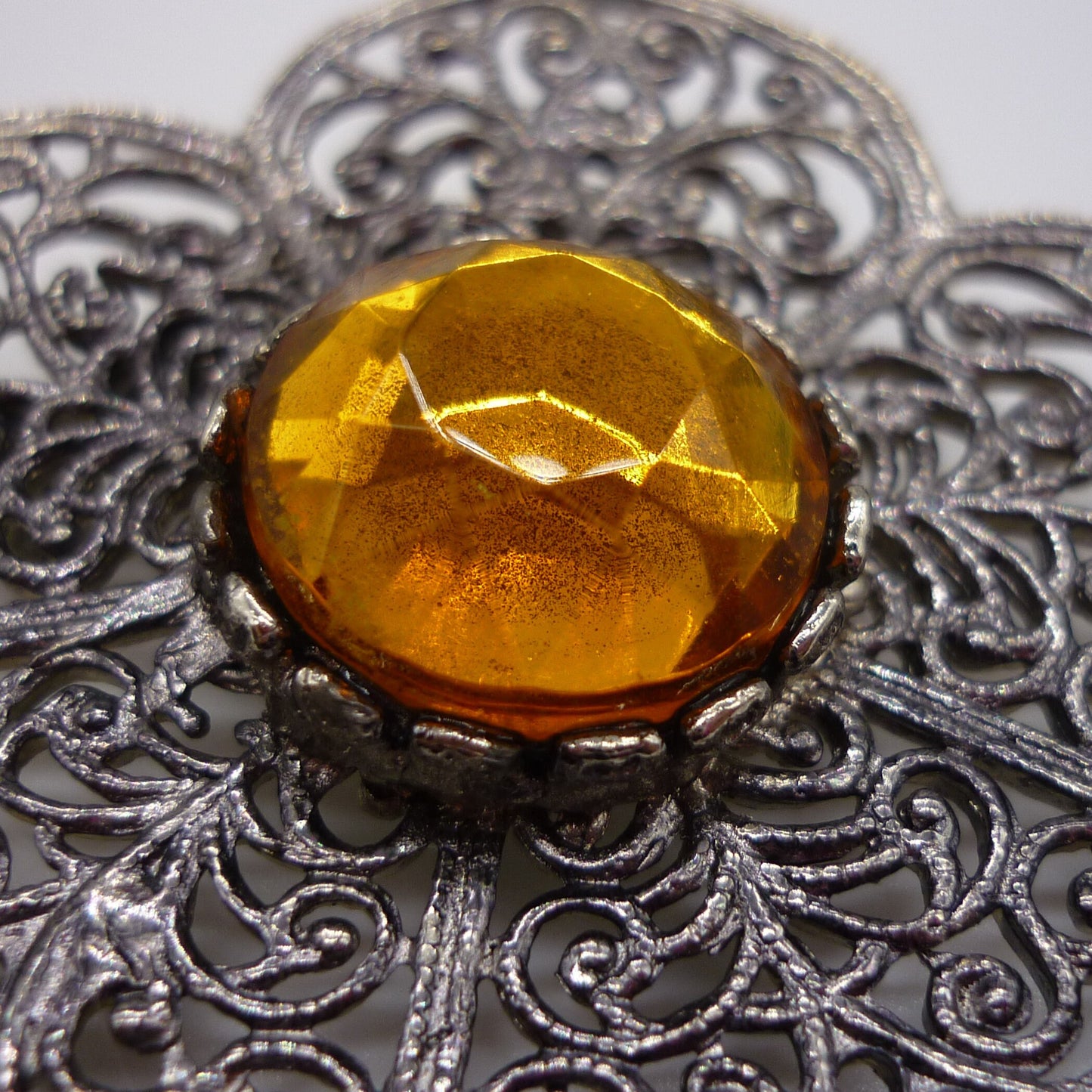 Vintage Filigree Silver Tone Flower Brooch Set With Paste Citrine