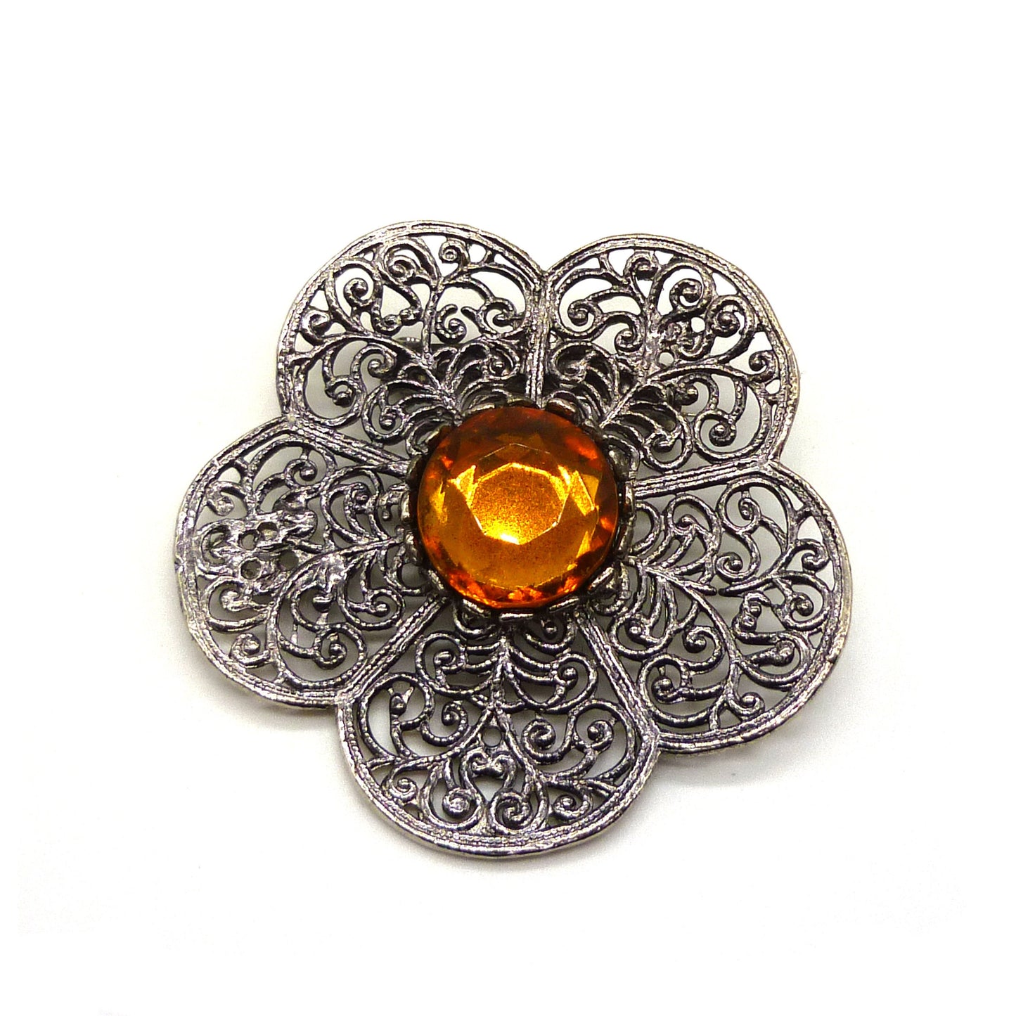 Vintage Filigree Silver Tone Flower Brooch Set With Paste Citrine