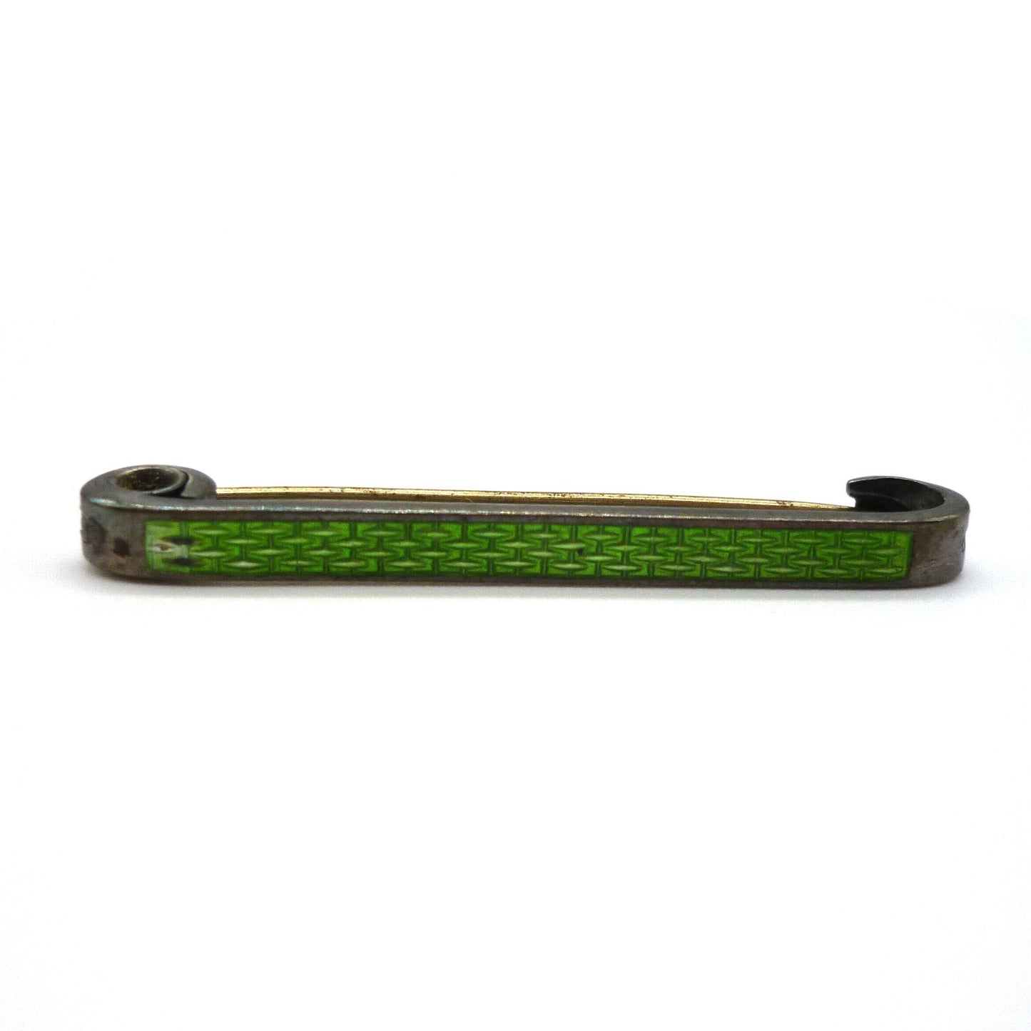 Edwardian Silver Bar Brooch with Green Enamel Woven Patterned Panel