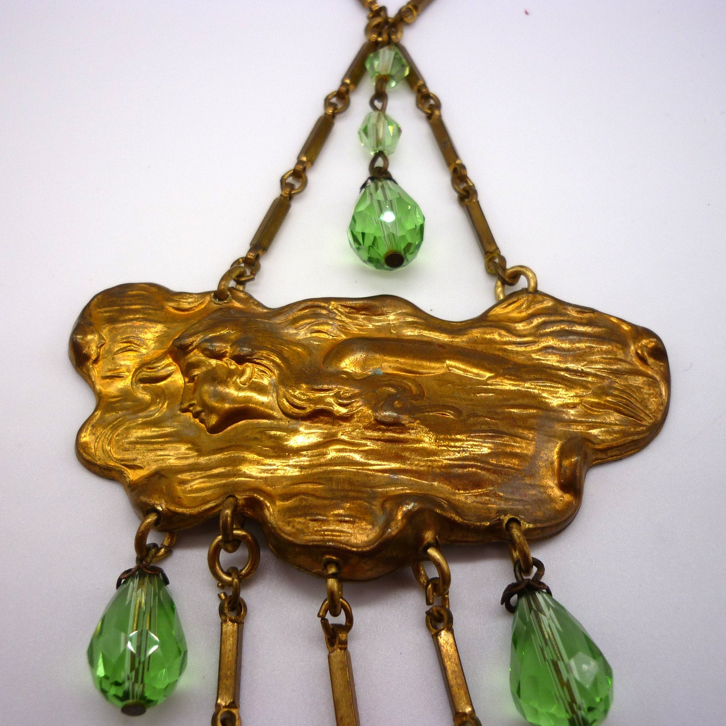 Art Nouveau Pendant Necklace, Repousse Relief Metal Panel with Green Beads