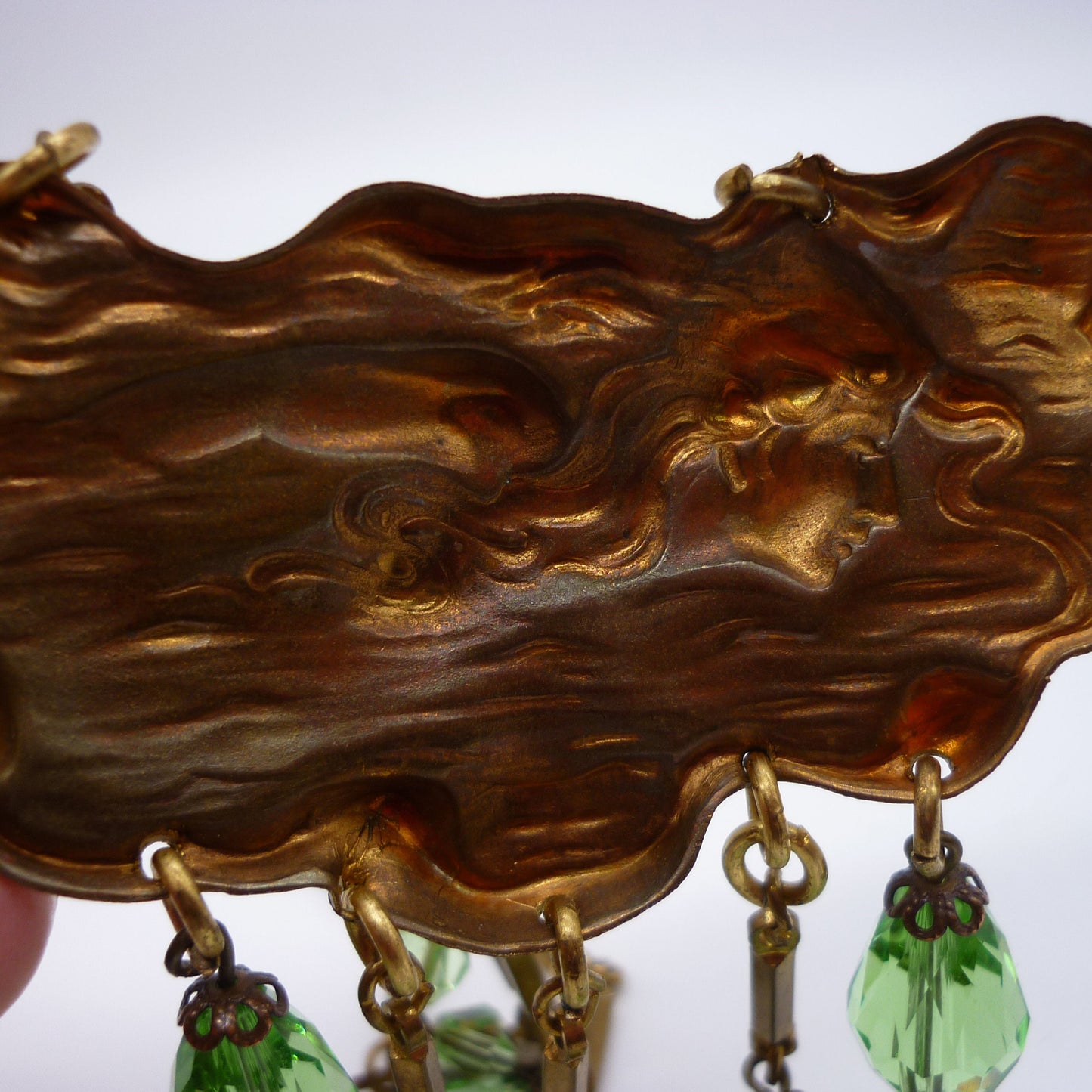 Art Nouveau Pendant Necklace, Repousse Relief Metal Panel with Green Beads