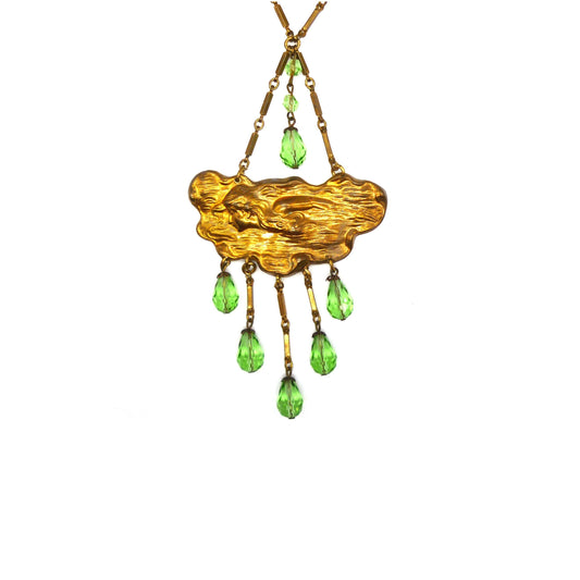 Art Nouveau Pendant Necklace, Repousse Relief Metal Panel with Green Beads
