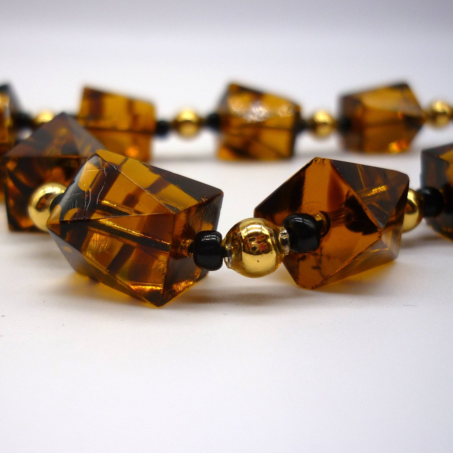 Vintage Striped Brown Glass Geometric Cut Glass Bead Necklace